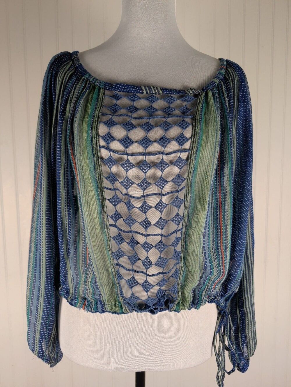 Free People ONE One Summer Lace Crochet Peasant Blouse Blue Green XS